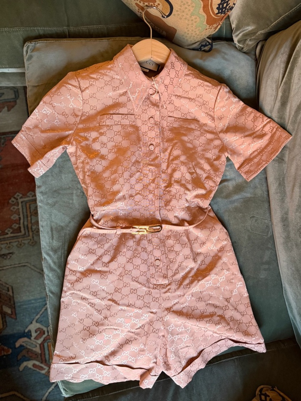 Gucci Pink Satin Logo Romper with Gold Belt